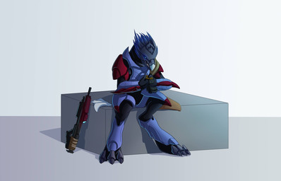 3_fingers 3_toes ammunition anthro armor assault_rifle beak blue_body blue_feathers clothed clothing digitigrade feather_hair feathered_crest feathers feet female fingers gun head_crest magazine_(gun) pseudo_hair pupils ranged_weapon reloading rifle sharp_teeth sitting slit_pupils solo teeth toes weapon lady_ahiru halo_(series) microsoft xbox_game_studios alien avian kig-yar scalie t'vaoan colored hi_res female_(lore)