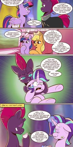 adhesive_bandage band-aid bandage beverage broken_horn broom chokehold cleaning_tool cloak clothing container cowboy_hat cup dialogue duo female hat headgear headwear horn rubble tea tea_cup text train vehicle wings saturdaymorningproj friendship_is_magic hasbro my_little_pony my_little_pony:_the_movie_(2017) mythology applejack_(mlp) spike_(mlp) starlight_glimmer_(mlp) tempest_shadow_(mlp) twilight_sparkle_(mlp) dragon earth_pony equid equine horse mammal mythological_creature mythological_equine mythological_scalie pony scalie unicorn winged_unicorn absurd_res comic english_text hi_res url
