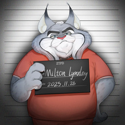 anthro blue_eyes fur grey_body grey_fur male mugshot mugshot_sign orange_jumpsuit pointy_ears prison_cell solo unimpressed rinerr_r disney zootopia milton_lynxley canada_lynx felid feline lynx mammal 1:1 hi_res