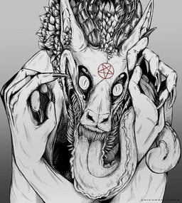 2_horns 5_fingers ambiguous_gender anthro arms_bent bared_teeth creepy eye_markings fangs fingernails fingers fur gradient_background grey_background horn horror_(theme) long_fingernails long_tongue looking_at_viewer markings nails nightmare_fuel occult_symbol open_mouth pentagram pupils satanic sharp_nails sharp_teeth simple_background slit_pupils solo symbol teeth text tongue tongue_out too_many_teeth white_body unichromacorn bovid caprine goat mammal synx 2022 absurd_res artist_name hi_res monochrome watermark