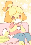2016 accessory animal_crossing anthro barefoot beverage biped black_nose blonde_hair blush canid canine canis clothing container cup domestic_dog eyewear feet female fur furniture glasses hair hair_accessory isabelle_(animal_crossing) long_ears mammal nintendo pillow shih_tzu short_hair sirokuro sitting smile sofa solo toy_dog white_body white_fur yellow_body yellow_fur