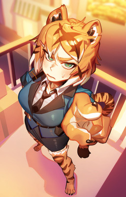 4_toes 5_fingers accessory animal_ears animal_tail barefoot belt big_breasts biped black_bottomwear black_claws black_clothing black_inner_ear_fluff black_markings black_necktie black_skirt black_stripes black_tail_tip black_tuft blue_clothing blue_jacket blue_topwear blurred_background blush blush_lines bodily_fluids bottomwear breasts claws clothed clothed_female clothed_humanoid clothing collared_shirt countershade_hands countershading dipstick_tail eyebrows feet female female_humanoid finger_claws fingers front_view fully_clothed fully_clothed_female fully_clothed_humanoid fur gesture gesturing_at_viewer green_eyes hair hair_accessory hand_gesture high-angle_view inner_ear_fluff jacket leg_markings light_body light_skin long_tail looking_at_viewer markings mouth_closed multicolored_body multicolored_hair necktie notched_ear orange_body orange_ears orange_eyebrows orange_fur orange_hair plantigrade pointing pointing_at_viewer pupils shirt short_hair skirt slit_pupils solo standing striped_body striped_fur striped_legs striped_markings striped_tail stripes sweat sweatdrop tail tail_markings toe_claws toes topwear tuft undershirt white_body white_clothing white_countershading white_hair white_inner_ear white_sclera white_shirt white_topwear goatdraw orc_massage valerie_(orc_massage) animal_humanoid felid felid_humanoid humanoid mammal mammal_humanoid pantherine pantherine_humanoid tiger_humanoid absurd_res full-length_portrait hi_res portrait