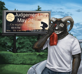 anthro billboard black_body black_fur blue_bottomwear blue_clothing blue_jeans blue_pants bottomwear bovid_horn caprine_horn car clothing denim denim_bottomwear denim_clothing fur grass hedge horn jeans male multicolored_body outside pants plant rag ram_horn religion shirt shrub sitting_on_car solo t-shirt text topwear tree vehicle white_clothing white_shirt white_t-shirt white_topwear wiping_forehead avianvevo christianity bovid caprine mammal sheep english_text hi_res url