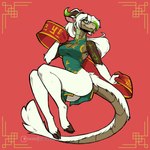 anthro asian_clothing breasts butt chinese_clothing clothed clothed_anthro clothed_female clothing cloven_hooves east_asian_clothing eyewear female fingers fur glasses green_eyes hair holidays hooves horn simple_background solo tail white_body white_fur white_hair white_tail psychorodent chinese_new_year elena_(psychorodent) scalie snatyr 1:1 2025 digital_media_(artwork) hi_res