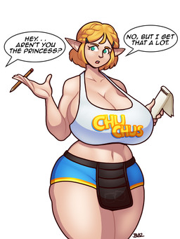 big_breasts blonde_hair bottomwear breasts cleavage clothed clothing collarbone crop_top dialogue eyebrows female green_eyes hair holding_object huge_breasts humanoid_pointy_ears light_body light_skin looking_at_viewer midriff navel not_furry note_pad offscreen_character pencil_(object) pointy_ears shirt short_hair shorts simple_background skimpy solo text text_on_clothing text_on_topwear thick_thighs topwear white_background wide_hips blazbaros nintendo the_legend_of_zelda princess_zelda humanoid hylian 2023 3:4 english_text hi_res