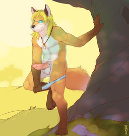 anthro balls big_penis biped blonde_hair blue_eyes brown_body brown_fur clothed clothing erection eyewear feet fur genitals glasses grass hair hindpaw jewelry long_hair looking_at_viewer male muscular muscular_anthro muscular_male necklace orange_body orange_fur outside partially_clothed paws pecs penis plant solo sunset topless tree underwear underwear_down undressing white_body white_fur mystikfox61 jcfox canid canine fox mammal 2013