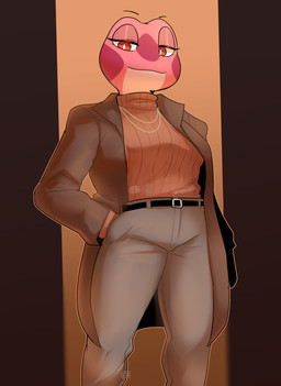 anthro belt black_belt bottomwear breasts brown_clothing brown_jacket brown_topwear clothed clothed_anthro clothed_female clothing female female_anthro front_view fully_clothed fully_clothed_anthro fully_clothed_female glistening_eyelids hand_in_pocket jacket jewelry lidded_eyes mouth_closed necklace non-mammal_breasts pants pink_body pockets solo sweater thick_thighs topwear turtleneck white_sclera conditional_dnp sonokido greater_ventura_city camille_dumont amphibian frog 2021 absurd_res digital_media_(artwork) hi_res portrait three-quarter_portrait