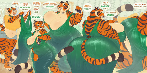 anthro belly belly_overhang big_breasts big_butt biped bottomwear breast_expansion breasts butt butt_expansion cleavage clothed clothing dialogue dress expansion eyelashes fat_arms female fur green_clothing huge_breasts huge_butt huge_thighs looking_back obese obese_female orange_body orange_fur overweight overweight_female pupils smile solo solo_focus speech_bubble striped_body stripes text thick_thighs topwear weight_gain wide_hips whorgi melody_(tawnyscrawnyleo) felid mammal pantherine tiger english_text hi_res