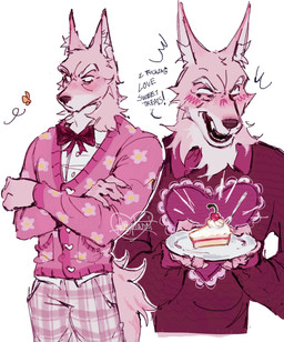 anthro bow_tie cake clothed clothing collared_shirt dessert dialogue floral_pattern food fur heart_symbol male no_pupils pink_body pink_clothing pink_fur pointy_ears shirt simple_background solo sweater text topwear p0nyplanet pinkie_(p0nyplanet) ambient_arthropod ambient_butterfly ambient_insect canid canine canis mammal wolf english_text hi_res