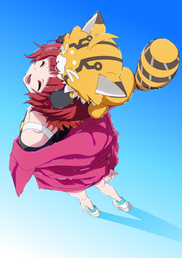 anthro bottomwear clothing duo female footwear fur gun_arm hair high-angle_view jacket orange_body orange_fur red_hair shoes shorts smile sneakers topwear weapon_arm bandai_namco digimon digimon_beatbreak reina_sakuya digimon_(species) human mammal pristimon absurd_res hi_res official_art
