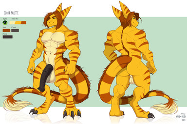 abs animal_genitalia animal_penis anthro balls black_penis brown_hair brown_markings butt closed_smile equine_genitalia equine_penis front_view fur genitals glistening glistening_eyes green_eyes hair half-erect male male_anthro markings medial_ring mouth_closed muscular muscular_anthro muscular_male narrowed_eyes navel nude pecs penis perineum rear_view simple_background slight_smile smile solo standing striped_arms striped_ears striped_legs striped_markings striped_tail stripes tail tail_markings tail_tuft text tuft vein veiny_penis yellow_balls yellow_body yellow_fur apple-faced mythology karnyth dragon furred_dragon furred_scalie mythological_creature mythological_scalie scalie english_text hi_res model_sheet