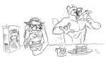 angry anthro beverage breakfast cereal coffee duo female food humor male pancake teasing scott_ruggels kiruki mike_cochran canid canine cougar domestic_cat felid feline felis fox mammal monochrome