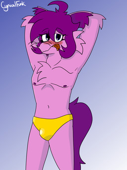 anthro bangs blush bulge chest_tuft clothed clothing embarrased_horny embarrassed facial_hair femboy fur gold_speedo gold_swimwear gradient_background hair male nipples pecs pink_body pink_fur purple_body purple_fur purple_hair purple_tail sideburns simple_background speedo speedo_only swimwear tail tongue tongue_out topless tuft cynical_funk golden_week meadow_(cynical_funk) domestic_cat felid feline felis mammal 3:4 hi_res