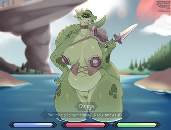 anthro armor belly big_breasts big_tail bottomless bottomless_female breasts clothed clothing countershading curvy_figure dagger detailed_background dialogue female front_view gameplay_mechanics genitals green_body green_scales gui health_bar holding_dagger holding_knife holding_melee_weapon holding_object holding_weapon horn huge_breasts huge_thighs humanoid_genitalia humanoid_vulva knife long_tail looking_at_viewer melee_weapon metal_pasties mostly_nude non-mammal_breasts outside pasties pauldron river scales slightly_chubby slightly_chubby_female solo standing tail text thick_tail thick_thighs unconvincing_armor voluptuous voluptuous_anthro voluptuous_female vulva water weapon wide_hips conditional_dnp welwraith bethesda_game_studios microsoft skyrim the_elder_scrolls deeja argonian scalie 2022 absurd_res digital_media_(artwork) english_text hi_res
