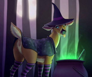 anatomically_correct anatomically_correct_genitalia anatomically_correct_vulva animal_genitalia animal_vulva anus blue_eyes brown_body brown_fur butt cape cauldron cervine_genitalia cervine_vulva clothed clothed_feral clothing costume dock_(anatomy) ear_piercing ear_ring female feral fur genitals halloween_costume hat headgear headwear holidays legwear looking_at_viewer one_eye_closed pattern_clothing pattern_legwear pattern_stockings piercing quadruped ring_piercing solo stockings striped_clothing striped_legwear striped_stockings stripes tail tongue tongue_out vulva wink winking_at_viewer witch_costume witch_hat koba halloween deer mammal hi_res