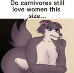 anthro beastars belly big_breasts breasts canid canine canis curvy_figure do_men_still_love_women_this_size english_text eriklechugaa female hi_res huge_breasts juno_(beastars) mammal mature_female meme slightly_chubby solo text thick_thighs thinking voluptuous wolf