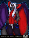 anthro blue_clothing blue_eyes blue_hair blue_nipples blue_nose bondage_pants bottomwear breasts chest_tuft clothed clothing female fluffy fluffy_tail fur hair long_hair looking_at_viewer membrane_(anatomy) membranous_wings nipples pants solo tail text topless tuft wings temrin mythology temrin_(character) temrin_sanjem canid canine canis domestic_cat domestic_dog dragon felid feline felis furred_dragon furred_scalie hybrid mammal mythological_creature mythological_scalie scalie wolf url