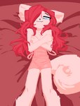 anthro bedroom_eyes bite biting_lip biting_own_lip black_nose blue_eyes breasts clothed clothing covering covering_breasts covering_self crossed_arms curled_tail eyebrows female fluffy fluffy_tail fur hair long_hair lying narrowed_eyes negligee on_back pink_clothing red_hair seductive self_bite smile solo tail topless white_body white_fur virteil mammal