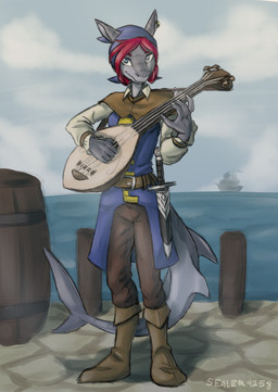 anthro bard barrel claws clothed clothing dagger docks ear_piercing ear_ring female grey_body hair holding_object long_ears lute melee_weapon musical_instrument piercing plucked_string_instrument red_hair ring_piercing sea shark_fin shark_tail solo string_instrument tail water weapon sealer4258 serra_(sealer4258) aquatic fish shark digital_media_(artwork) hi_res