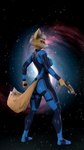 anthro blaster bodysuit butt butt_pose clothing cosmic_background crossgender female fur galaxy green_eyes hair looking_at_viewer narrowed_eyes orange_body orange_fur pose skinsuit smile solo space space_background tight_clothing tight_suit white_hair zero_suit thevestige metroid nintendo star_fox warfare_machine female_fox_(domibun) fox_mccloud warfare_fox zerosuit_fox canid canine fox mammal 3d_(artwork) 9:16 digital_media_(artwork) hi_res source_filmmaker_(artwork)