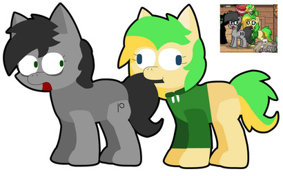 black_hair blonde_hair duo female feral grey_body hair nom open_mouth simple_background surprised white_background yellow_body elianrandomworks hasbro my_little_pony ponytown april_(ponytown) offline_(ponytown) earth_pony equid equine horse mammal pony redraw