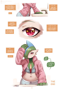 4_fingers bodily_fluids clothed clothing crying dialogue eyebrows femboy fingers front_view linked_speech_bubble looking_at_viewer male navel piercing red_eyes simple_background smile solo speech_bubble tears tears_of_joy text the_end white_background gammainks nintendo pokemon finn_(gammainks) gallade generation_4_pokemon humanoid pokemon_(species) 2026 absurd_res comic digital_media_(artwork) english_text hi_res