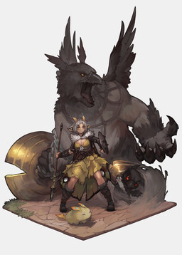 ambiguous_gender anthro beak black_body breasts brown_body brown_fur claws feathered_wings feathers female feral fur grey_hair group hair holding_object holding_shield horn male open_mouth red_eyes shield simple_background standing tongue wings yellow_eyes paintrfiend animal_humanoid avian humanoid 2026 digital_media_(artwork) hi_res
