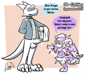 3_toes anthro biped bodily_fluids bottomless brainwashing butler butler_outfit claws clothed clothing collar control_collar cross-eyed cum cumshot dialogue digit_ring duo ejaculation erection feet fool's_hat foreskin genital_fluids genitals gloves half-closed_eyes handwear hat headgear headwear horn hypnosis jester jester_outfit jewelry latex latex_clothing latex_handwear latex_topwear leaking_cum male mind_control narrowed_eyes open_mouth open_smile penis power_symbol ring ringed_eyes sharp_teeth silly simple_background size_difference smile speech_bubble standing suit_and_tie teeth text toe_claws toe_ring toes tongue tongue_out toony topwear usb_tail wings soul-silver-dragon hypnovember2024 mythology reboot_(soul-silver-dragon) soul-silver-dragon_(character) dragon imp mythological_creature mythological_scalie scalie 2024 digital_media_(artwork) english_text hi_res signature