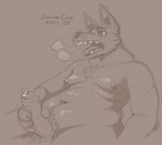 anthro bodily_fluids breathing erection genital_fluids genitals male masturbation moobs overweight overweight_anthro overweight_male penile penile_masturbation penis precum precum_on_penis sitting solo teeth_showing thick_penis thick_thighs three-quarter_view tired tongue tongue_out corruptedcatte canid canine canis mammal wolf hi_res