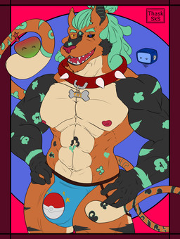 2_tails anthro black_body clothing collar dreadlocks green_hair hair heterochromia male markings multi_tail muscular muscular_male orange_body simple_coloring slime solo stripes tail underwear thask_sks fan_character hybrid absurd_res hi_res