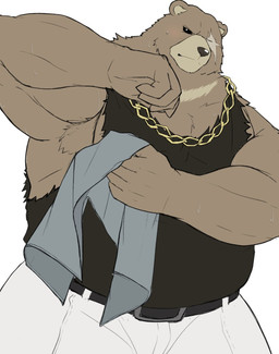 anthro belly blush brown_body brown_fur clothing facial_scar fur jewelry male missing_eye musclegut muscular necklace pecs scar shirt solo tank_top topwear towel wiping_sweat nikukyu299paw mihoyo zenless_zone_zero ben_bigger bear mammal hi_res