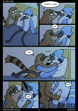 anthro balls beak_kiss bed dialogue duo furniture genitals licking making_out male male/male on_bed penis penis_grab pillow speech_bubble text tongue fudatsu cartoon_network regular_show mordecai_(regular_show) rigby_(regular_show) avian bird blue_jay corvid jay_(bird) mammal new_world_jay oscine passerine procyonid raccoon 2026 comic english_text hi_res