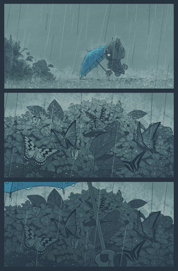 2_horns 3_panel_comic 6_hands 8_eyes ambiguous_gender anthro black_border border cute_fangs empty_eyes fangs floating_hands flower grey_background holding_object holding_umbrella horn legless multi_eye multi_hand outside plant raining sad scarf simple_background solo teeth umbrella unusual_anatomy unusual_eye_placement 5health kirby:_triple_deluxe kirby_(series) nintendo taranza ambient_arthropod ambient_butterfly ambient_insect arachnid arthropod spider spidr 2020 comic digital_drawing_(artwork) digital_media_(artwork) hi_res monochrome male_(lore)