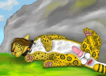 anus balls butt collar erection feral genitals grass hair lying male nude outside pawpads paws penis plant rock solo sun tail tail_anus greenlion felid leopard mammal pantherine absurd_res hi_res