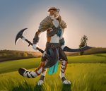 anthro armor biped blue_clothing bracers clothing countershading detailed_background fur grass holding_melee_weapon holding_object holding_weapon legwear looking_away male melee_weapon orange_body orange_fur outside plant shoulder_armor solo sword tassets tree weapon white_body white_fur yellow_eyes lemurlemurovich hasbro magic:_the_gathering wizards_of_the_coast felid mammal pantherine tiger