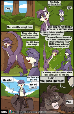 angry anthro anus black_nose blush bodily_fluids butt day dialogue dripping electricity electricity_manipulation elemental_manipulation eyes_closed female feral forest fur genital_fluids genitals group male male/female nude nude_female nude_male outside plant presenting presenting_hindquarters purple_body purple_fur purple_nose raised_tail shrub tail tears text tongue tongue_out tree trio vaginal_fluid_drip vaginal_fluids vulva whiskers yellow_eyes fuf flash_(fuf) flint_(fuf) shell_(fuf) mammal mink mustelid musteline otter true_musteline weasel 2025 absurd_res comic english_text hi_res