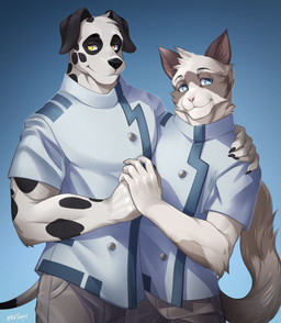 5_fingers anthro arm_tuft athletic biceps biped black_body black_claws black_ears black_eyebrows black_fur black_snout black_spots black_tail blue_background blue_clothing blue_coat blue_eyes blue_topwear bottomwear brown_body brown_fur button_(fastener) cheek_tuft claws closed_smile clothing coat duo elbow_tuft eye_spots eyebrows facial_markings facial_tuft finger_claws fingers floppy_ears fluffy fluffy_tail front_view fur gradient_background grey_bottomwear grey_clothing grey_pants hand_holding hand_on_another's_shoulder hand_on_shoulder head_markings head_tuft humanoid_hands inner_ear_fluff lab_coat looking_aside male markings mask_(marking) mouth_closed pants pink_nose side_hug simple_background smile spots spotted_body spotted_fur tail thin_tail topwear tuft two_tone_tail white_body white_clothing white_coat white_fur white_tail white_topwear yellow_eyes purtropos remember_the_flowers cole_(remember_the_flowers) sam_(remember_the_flowers) canid canine canis dalmatian domestic_cat domestic_dog felid feline felis mammal digital_media_(artwork) hi_res portrait signature three-quarter_portrait