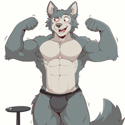 abs anthro arm_tuft armpit_hair biceps big_bulge big_muscles blush body_hair body_size_growth briefs bulge bulge_expansion claws clothed clothing container cup drinking_glass elbow_tuft emanata expansion finger_claws flexing flexing_bicep flexing_both_biceps fur furniture glass glass_container glass_cup grey_body grey_fur growth head_tuft huge_bulge huge_muscles inner_ear_fluff male muscle_growth muscular muscular_anthro muscular_male narrowed_eyes navel obliques open_mouth open_smile pecs pointy_ears prick_ears question_mark shirtless shirtless_male shot_glass simple_background size_transformation smile solo standing table tail teeth thick_arms thick_thighs tongue topless transformation triceps tuft underwear underwear_only white_background white_body white_fur bezzeroo beastars legoshi_(beastars) canid canine canis mammal wolf 1:1 2025 hi_res