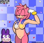 anthro anthrofied athletic convenient_censorship duo female flexing medal sport teasing text mcpartyworld mario_bros nintendo olympics sega sonic_the_hedgehog_(series) amy_rose nabbit eulipotyphlan hedgehog lagomorph leporid mammal rabbit censored crossover url