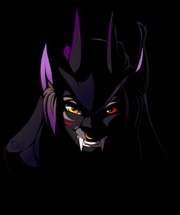 bared_teeth black_background black_body black_fur black_horn black_inner_ear_fluff dark ear_tuft eyebrows fangs fur grin heterochromia horn inner_ear_fluff light looking_at_viewer purple_inner_ear red_eyes simple_background smile solo teeth tuft yellow_eyes pacevanrign wilderkin 2019 digital_media_(artwork) headshot_portrait lighting portrait signature