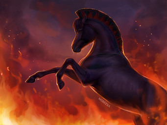 ambiguous_feral ambiguous_gender black_body black_fur black_hair brown_eyes detailed_background feral fire fjord fur grey_body grey_hair hair hooves mane on_hind_legs outside pupil quadruped red_hair short_mane solo text unguligrade whiskers beesa wildfire draft_horse equid equine fjord_horse horse mammal 2026 4:3 artist_name digital_media_(artwork) digital_painting_(artwork) hi_res krita_(artwork) paint_tool_sai_(artwork) painting_(artwork)