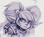 fangs female hair humanoid_pointy_ears looking_aside pigtails pointy_ears shield solo teeth te4moon_(artist) league_of_legends riot_games tencent poppy_(lol) humanoid yordle guide_lines monochrome signature sketch traditional_media_(artwork)