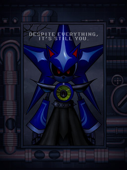 ambiguous_gender anthro bottomwear broken_mirror claws clothed clothing fingers glowing glowing_eyes laboratory looking_at_self looking_at_viewer machine mirror mouthless pointy_nose pointy_shoulders red_eyes ruins simple_background skirt solo spikes text biptari sega sonic_the_hedgehog_(series) metal_sonic neo_metal_sonic eulipotyphlan hedgehog mammal robot 3:4 digital_media_(artwork) english_text hi_res