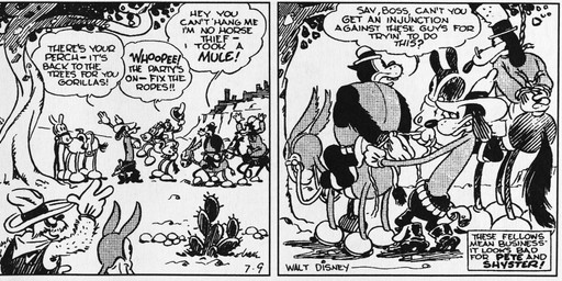 anthro bowler_hat clothed clothing coat cowboy_hat dialogue eyewear fingers glasses group gun handgun handwear hat headgear headwear horseback_riding imminent_hanging male noose open_mouth outside plant quadruped ranged_weapon revolver text top_hat topwear tree weapon floyd_gottfredson roy_nelson disney public_domain pegleg_pete pete_(disney) sylvester_shyster asinus bulldog canid canine canis domestic_cat domestic_dog donkey equid equine felid feline felis horse mammal mastiff molosser 1930 20th_century absurd_res ancient_art black_and_white comic dated english_text hi_res long_image monochrome wide_image
