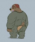 anthro black_nose brown_body butt butt_flap clothing male open_mouth pajamas simple_background slightly_chubby solo tired yawn 06junior11 bear mammal 2024 hi_res