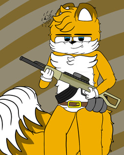 ak-47 ak_platform anthro assault_rifle belt black_nose cheek_tuft clothing facial_tuft fluffy fluffy_hair fluffy_tail gloves gun hair handwear holding_object holding_weapon male ranged_weapon redesign rifle solo tail tuft weapon yellow_body lapiscrowlime sega sonic_the_hedgehog_(series) miles_prower canid canine fox mammal 4:5 hi_res adult_(lore)