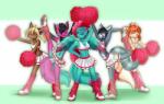 anthro breasts cheerleader clothed clothing female femboy fully_clothed group male one_eye_closed pom_poms simple_background smile uniform upskirt wings sashatf zera_(zerarick) mammal absurd_res hi_res