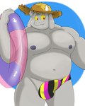 anthro bulge clothing detailed_bulge fur genital_outline grey_body grey_fur hat headgear headwear horn male musclegut muscular muscular_anthro muscular_male navel nipples pecs penis_outline solo speedo straw_hat swim_ring swimwear falls-down-steps kings_of_hell enfer_belial bovid caprine goat mammal 4:5 hi_res