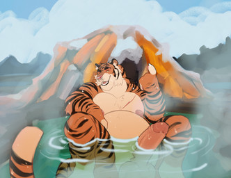 anthro balls beckoning chest_scar come_here countershade_balls countershade_face countershade_genitalia countershade_torso countershading erection fur genitals gesture glans hot_spring humanoid_genitalia humanoid_penis looking_at_viewer male male_anthro nipples nude nude_anthro nude_male open_mouth open_smile outside overweight overweight_anthro overweight_male partially_submerged penis scar sitting smile solo spread_legs spreading striped_body striped_fur stripes tail teeth tongue water whiskers likanen felid mammal pantherine tiger 2024 hi_res