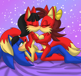 accessory black_hair blue_body blue_fur blush eyelashes eyes_closed feet female female/female fur green_eyes group hair hair_accessory hair_ribbon kissing lying male male/female red_body red_fur ribbons tail trio angelofhapiness archie_comics sega sonic_the_hedgehog_(archie) sonic_the_hedgehog_(comics) sonic_the_hedgehog_(series) fiona_fox li_moon sonic_the_hedgehog canid canine eulipotyphlan fox hedgehog mammal hi_res